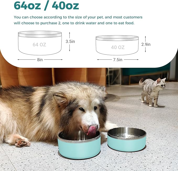 Dog Bowl, Stainless Steel Dog Food and Water Bowl with Non Slip Quiet Bottom, Easy to Clean, Dishwasher Safe, 40oz, Mint Green
