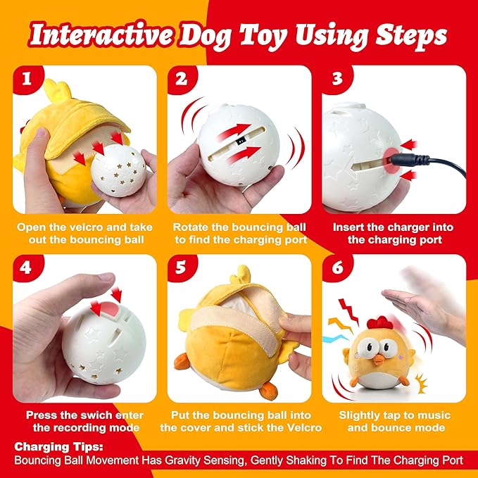 Interactive Dog Toys, Squeaky Moving Ball Toy with Jumping & Music Modes, Rechargeable Plush Chew Toys for Small/Medium/Large Dogs to Keep Puppy Busy Pet Toys (Chick)