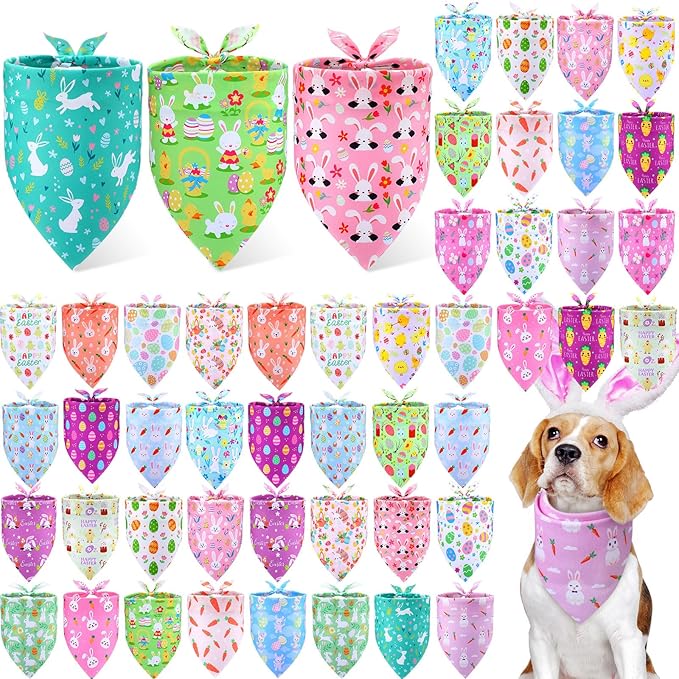 Preboun 50 Pcs Easter Dog Bandanas Bulk Bunny Dog Bandanas for Dogs Eggs Bibs Dog Scarf Easter Day Dog Bandanas for Easter Puppy Small Medium Large Dog Costume Accessories(31.5 x 21.7 x 21.7 Inch)