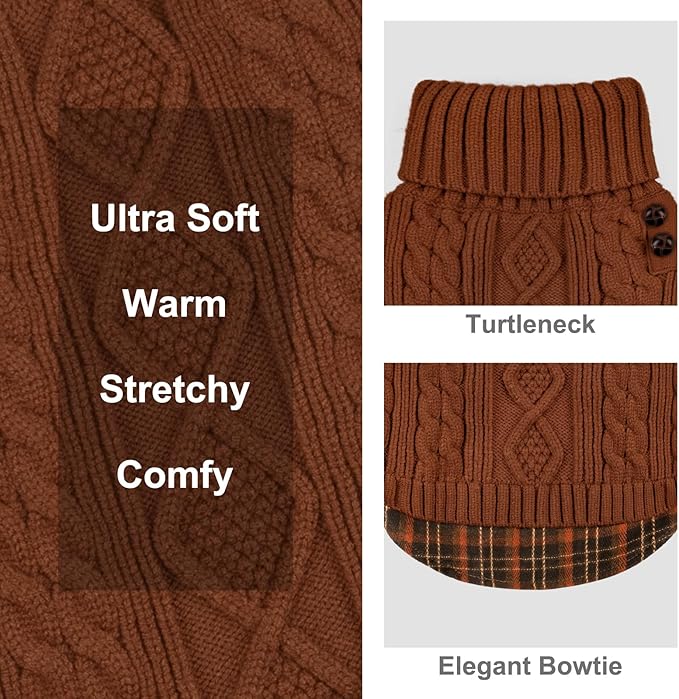 KYEESE Dog Sweater Thick Pet Coat for Fall Winter Cold Weather Stretchy Knitwear Cat Clothes Soft Pullover Dog Sweaters for Small Dogs Male Warm Turtleneck Small Dogs Sweater with Gingham Patchwork