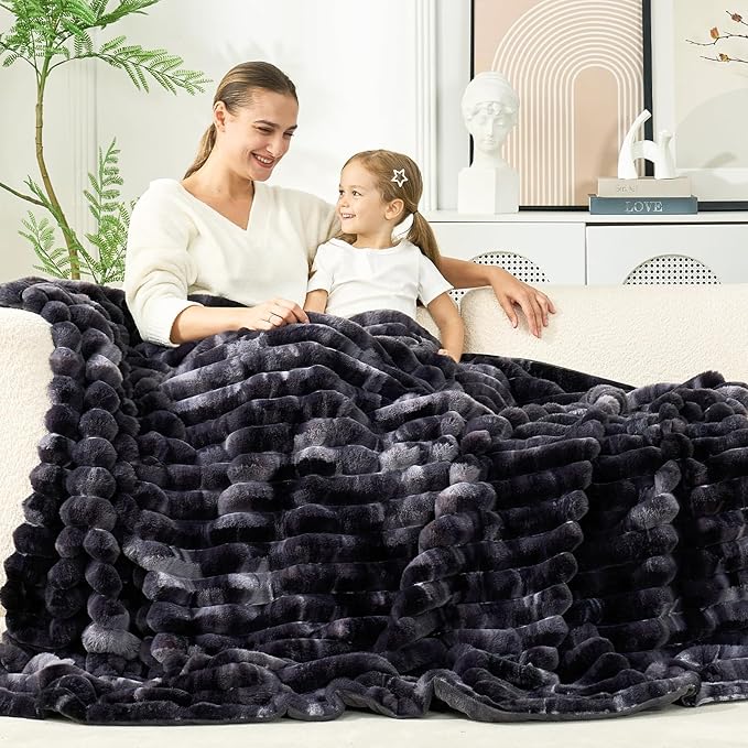 Cozy Bliss Faux Fur Throw Blanket for Couch, Cozy Warm Plush Striped Blanket for Sofa Bedroom Living Room, 108 * 90 Inches Tie-dye Black