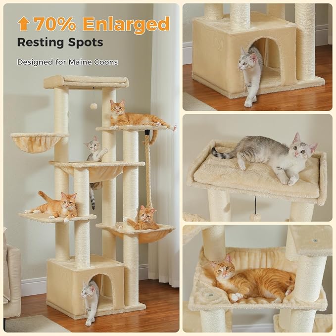 Large Cat Tree-67in Tall Cat Tower for Indoor Cats Large Adult with 13 Thick Sisal Scratching Posts (φ4.3in), Multi- Level Cat Condo, Super Big Perch & Hammocks for Maine Coon 20 lbs -Beige