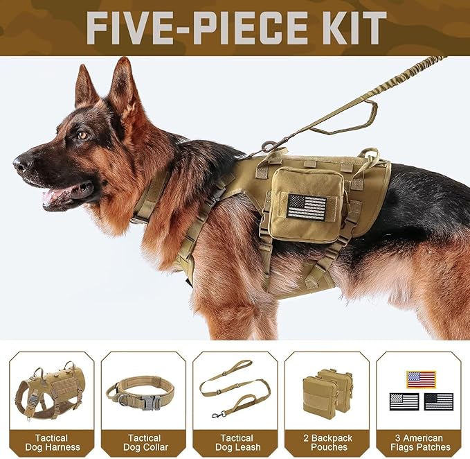 Forestpaw Tactical Dog Harness for Large Dogs,Tactical Dog Collar with Bungee Leash Set,No Pull Military Dog Harness for Walking Training,Adjustable for Medium Large Dogs,Khaki,Chest 19.5-41.5"