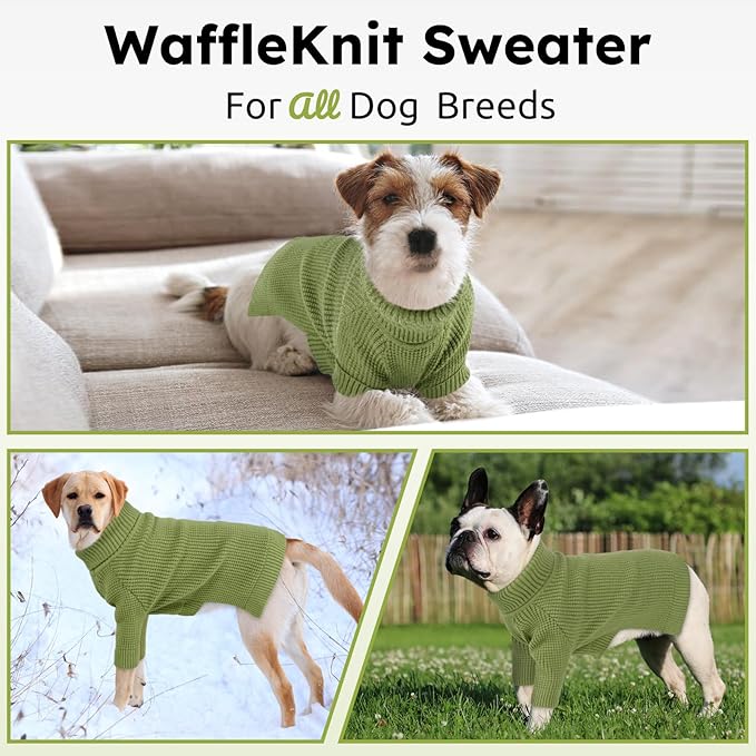 Queenmore Dog Sweater, Turtleneck Dogs Sweaters with Check Pattern, Winter Warm Dog Sweaters for Large Breeds, Solid Pull-on Pet Sweaters, Green L