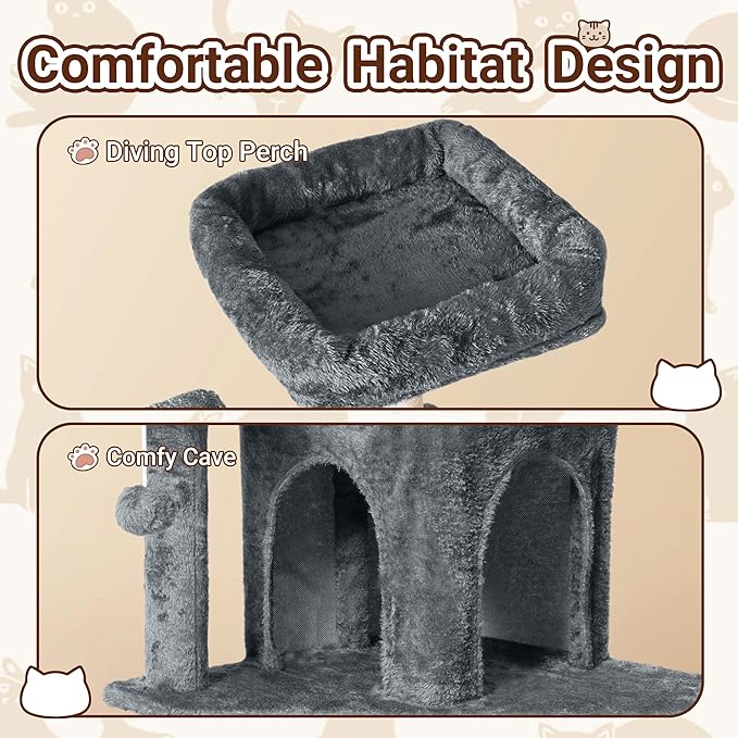 Cat Tree, 54-Inch Cat Tower for Indoor Cats,Plush Multi-Level Cat Condo with Scratching Posts, Basket, Perches,2 Caves,2 Pompoms(Dark Gray)