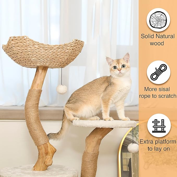 Modern Cat Tree for Indoor Small Cats - Real Wood Cat Tower with Scratch Post, Hiding Enclosure - Unique, Boho,White