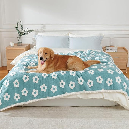 Luciphia Waterproof Pet Blanket for Medium Large Dogs Washable Fluffy Thick Jacquard Shag Fleece Warm Sherpa 3D Textured Flower Print for Cats Puppy Couch Protection (Blue,85x57 inches)