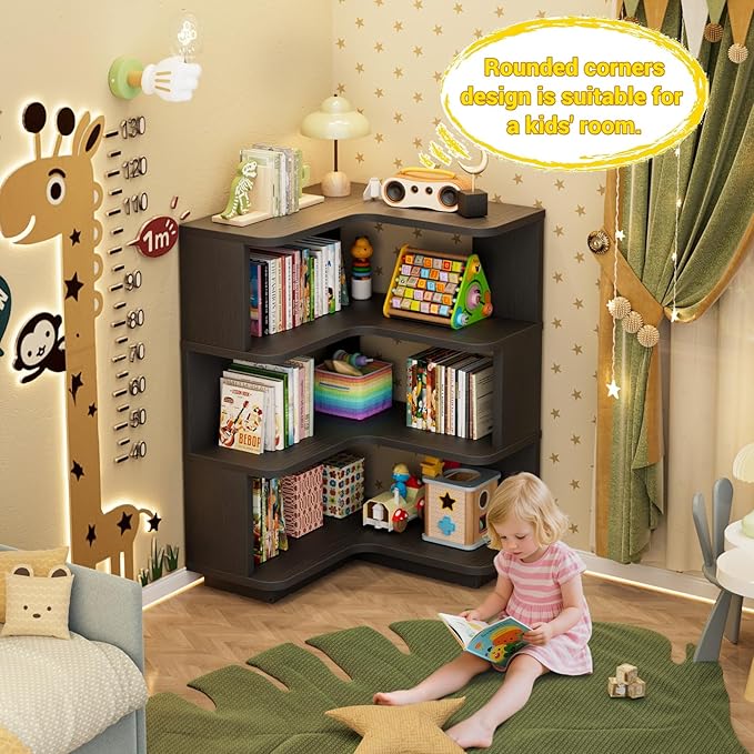 Armocity Corner Book Shelf - 4 Tier Corner Bookshelf Etagere Bookcase with Baffle, Freestanding L Shaped Display Shelf Stand for Home Office, Living Room, Bedroom, Kitchen, Black