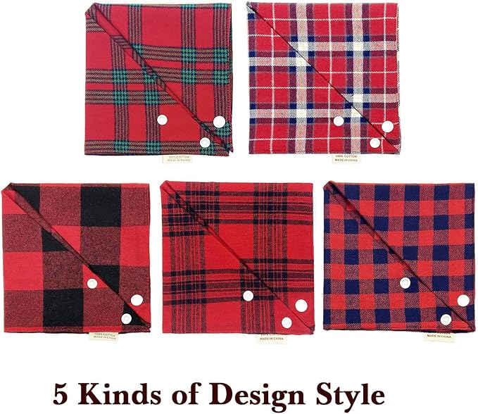 5PCS Dog Bandanas with Button - Thick Triangle Bibs Dual Layer Soft Cotton Scarves for Small Medium Boy Girl Puppy Cat Pet Baby Square Plaid Printing Washable Kerchief Halloween Costumes Outfits