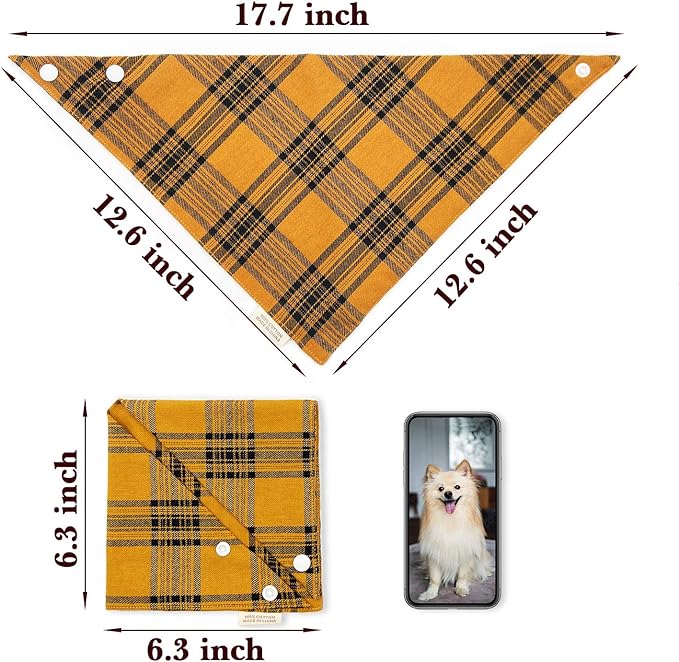 5PCS Dog Bandanas with Button - Thick Triangle Bibs Dual Layer Soft Cotton Scarves for Small Medium Boy Girl Puppy Cat Pet Baby Square Plaid Printing Washable Kerchief Halloween Costumes Outfits