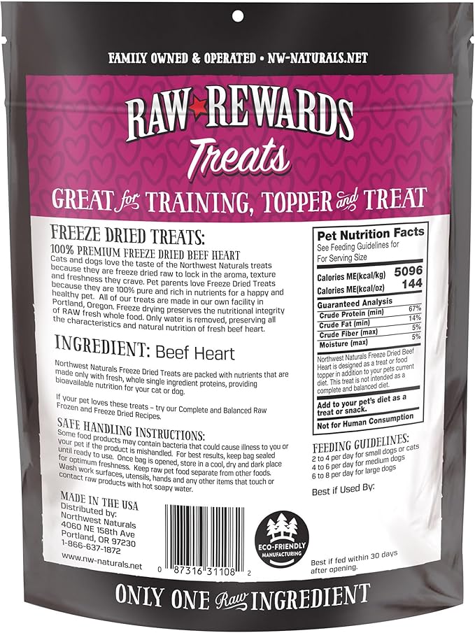 Northwest Naturals Raw Rewards Freeze-Dried Beef Heart Treats for Dogs and Cats - Bite Sized Pieces - Grain Free - 1 Ingredient - Healthy - Human Grade - All Natural - USA Made - 3 Oz