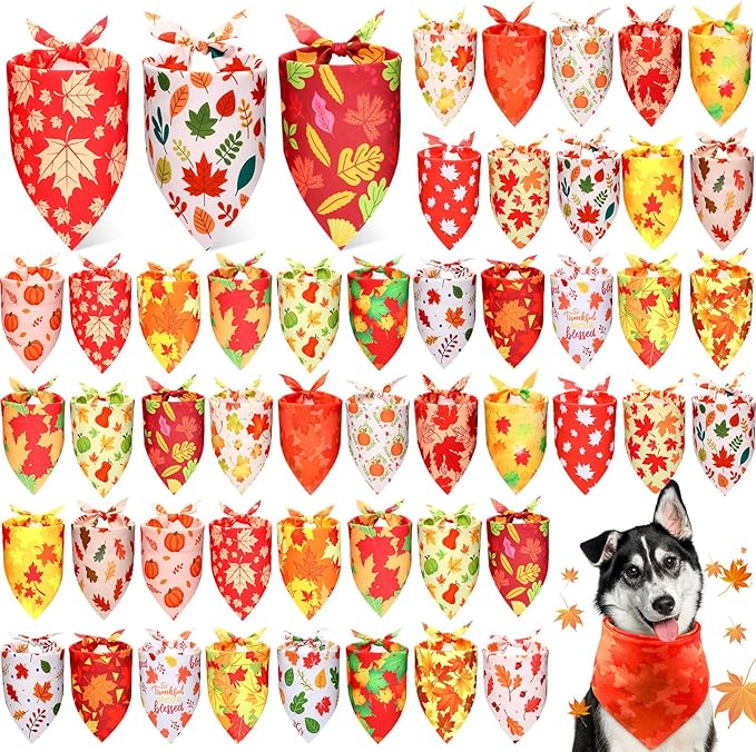 Preboun 50 Pcs Fall Pumpkin Dog Bandana Bulk Maple Leaves Bandana for Dogs Triangle Kerchief Bib Scarf for Small Medium Large Pet Thanksgiving Costume Accessories, 25 Styles (31.5 x 21.7 x 21.7 Inch)