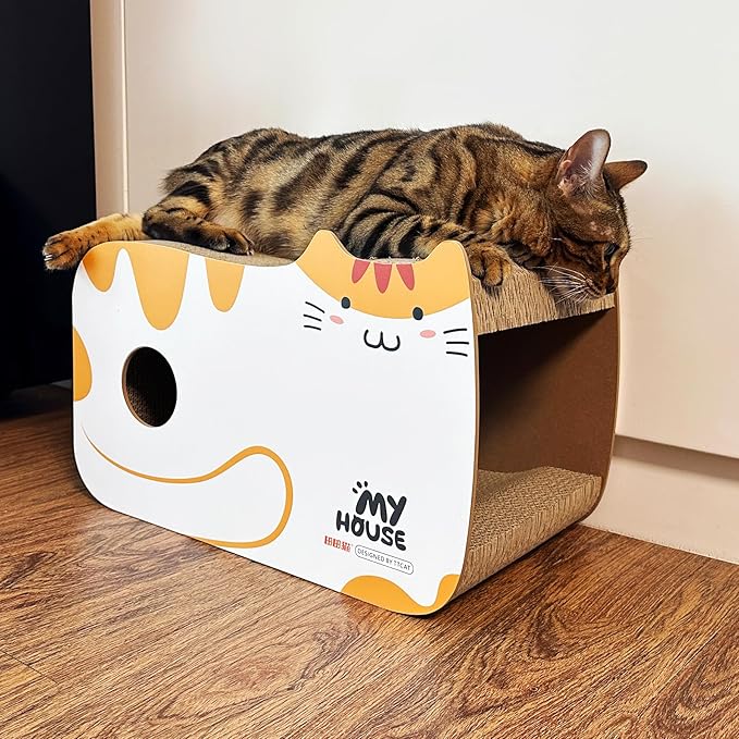 TTCAT Cute Kawaii Cat House Cat Scratching Pad Corrugated Cardboard Cat Scratcher Lounge, Durable Cat Scratching Board with Catnip for Furniture Protection.Yellow+White