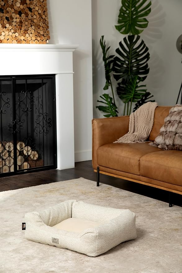 Furry's Paradise Cuddler Waterproof Bolster Pet Bed with Recycled Fibers and Non-Slip Bottom. (Beige Weave, Small)