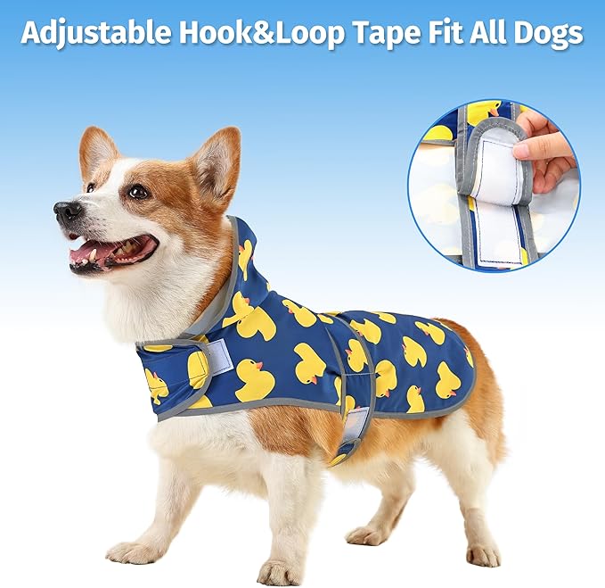 Dog Raincoat for Medium Dogs Waterproof Hooded Rain Jacket with Reflective Strips Leash Hole & Poncho Adjustable Fit (Duck,L)