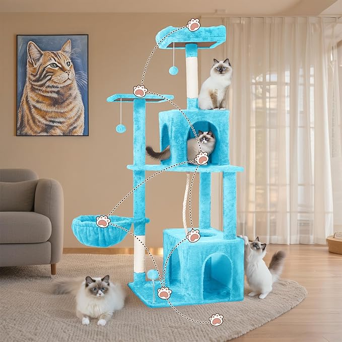 Cat Tree, 54-Inch Cat Tower for Indoor Cats,Plush Multi-Level Cat Condo with Scratching Posts, Basket, Perches,2 Caves,2 Pompoms(Blue)