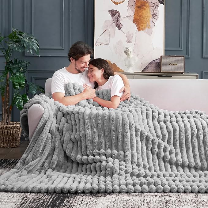 Cozy Bliss Faux Fur Throw Blanket for Couch, Cozy Warm Plush Striped Blanket for Sofa Bedroom Living Room, 108 * 90 Inches Gray