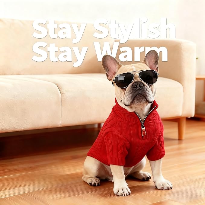 Medium/Large Dog Sweater, Warm Dog Winter Coat w/Sleeves, Comfortable High Neck Premium Dog Clothes for Bulldog-Best for Holidays, Daily Walks L Red