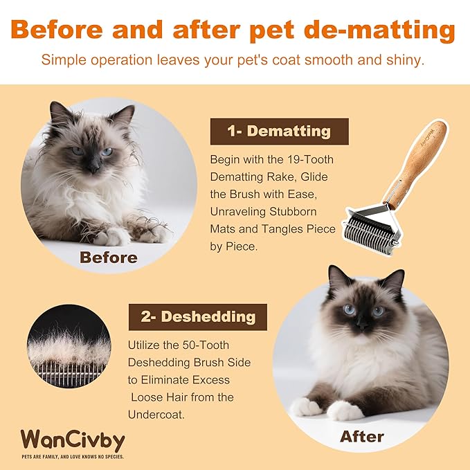Undercoat Rake Dog Brush Dematting Comb cat shedding tool Dematting Tool Pet Brush Efficiently Detangle and Groom Coats for Large Medium Small Dogs and Cats Comb for Grooming Premium Wood Handle