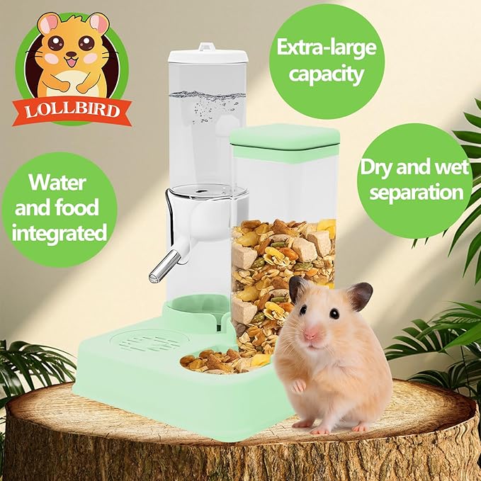 2-in-1 Hamster Water Bottle & Enhanced Food Dispenser - 35% Larger Food Capacity, Leak-Proof Design for Glass Tanks/Wire Cages Small Animal Accessories (Green, 4.9IN+5.1IN+5.7)