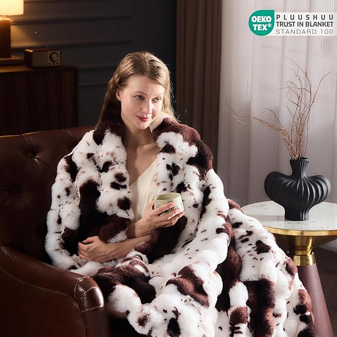 Faux Fur Throw Blanket for Couch, Fluffy Fuzzy Plush Bubble Blanket, Soft Warm Cozy Shaggy Rabbit Blanket, Luxury Decorative Gifts for Sofa Bedroom Living Room, 90x90inch (Cow Print-Brown)