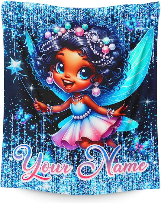 Blanket for Girls Personalized Fairy Throw Blankets Gift for Toddler Kids, 40x50 Inches Soft Cozy Cute Black Custom Throw for Sofa Couch Living Room Bed