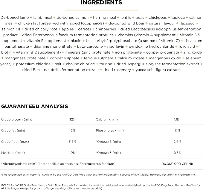 Go! Solutions Carnivore, Grain-Free, Protein Rich Dry Dog Food, Lamb and Wild Boar Recipe, 22 lb Bag