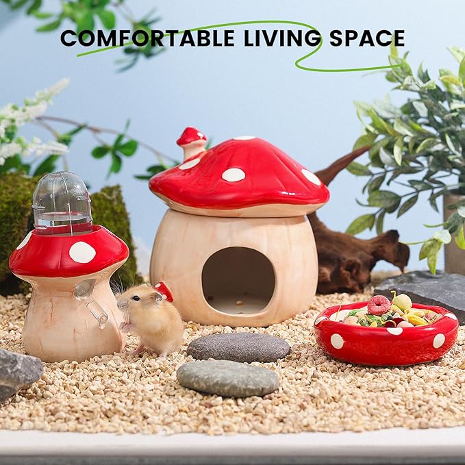 Ceramic Hamster Hideout, Hamster Water Bottle Holder and Food Bowl, Red Ceramic Mushroom House Design– Complete Cage Accessories for Small Animal cage Decorations