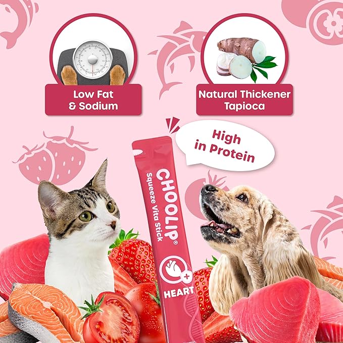 Choolip Squeeze Vita Stick Lickable Cat and Dog Treats – 49-Count Heart Support Sticks with Multivitamins, Soft Squeezable Paste for All Life Stages, Supporting Heart Health