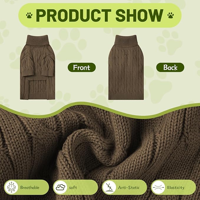 Small Dog Thermal Pullover Sweater, Classic Turtleneck Cable Knitwear Dog Clothes for Cold Weather Warm Pet Clothes for Chihuahua, Bulldog, Dachshund, Pug Tan X-Large