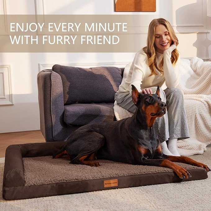 Patas Lague Orthopedic Jumbo Dog Bed for Extra Large Dogs 56''X40'', Waterproof L Bolster Pet Sofa Beds with Removable Washable Cover, Soft Comfortable Pet Couch Crate Mat with Nonskid Bottom, Brown