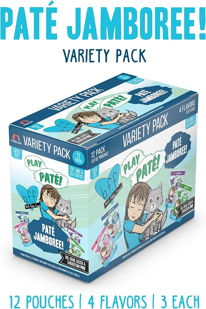 Weruva B.F.F. Play - Best Feline Friend Paté Lovers, Aw Yeah!, Paté Jamboree! Variety Pack, 3oz Pouch (Pack of 12)