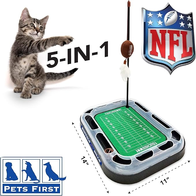 Pets First NFL Buffalo Bills Football Field CAT Scratcher Toy with Catnip Filled Plush Football Toy & Feather Cat Toy Hanging, with Jingle Bell Interactive Ball Cat Chasing 5-in-1 Kitty Toy