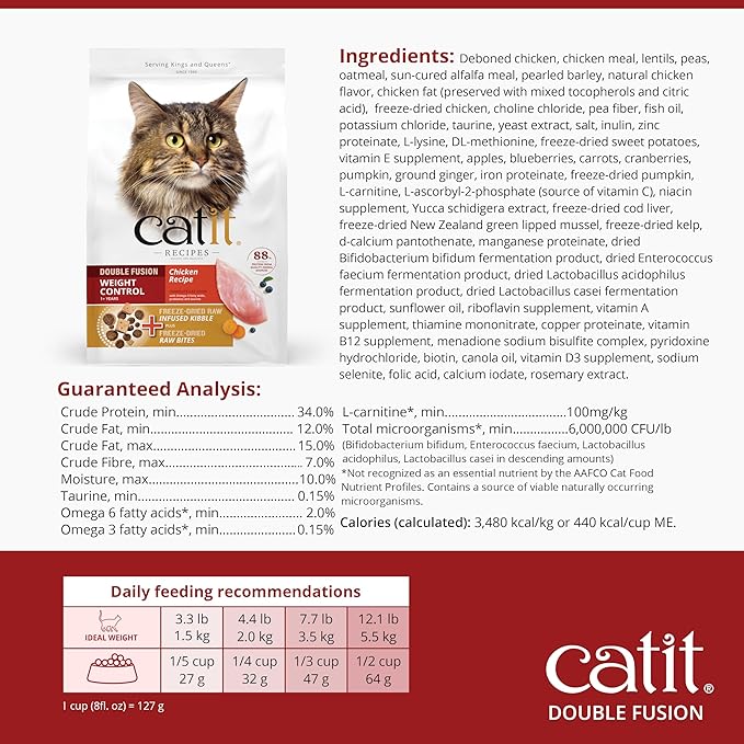 Catit Recipes Double Fusion Weight Control Cat Food – Chicken Recipe, High-Protein, Freeze-Dried Raw Toppings, No by-Products, Minimally Processed, Balanced Nutrition, 10 lb