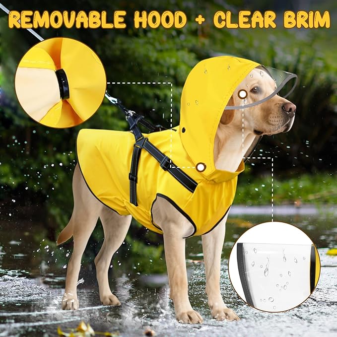 Dog Raincoat: Dog Rain Jacket with Reflective Harness & Removable Hood | Waterproof Dogs Rain Coat Poncho for Large Medium Small Dogs Puppies (Yellow - M)