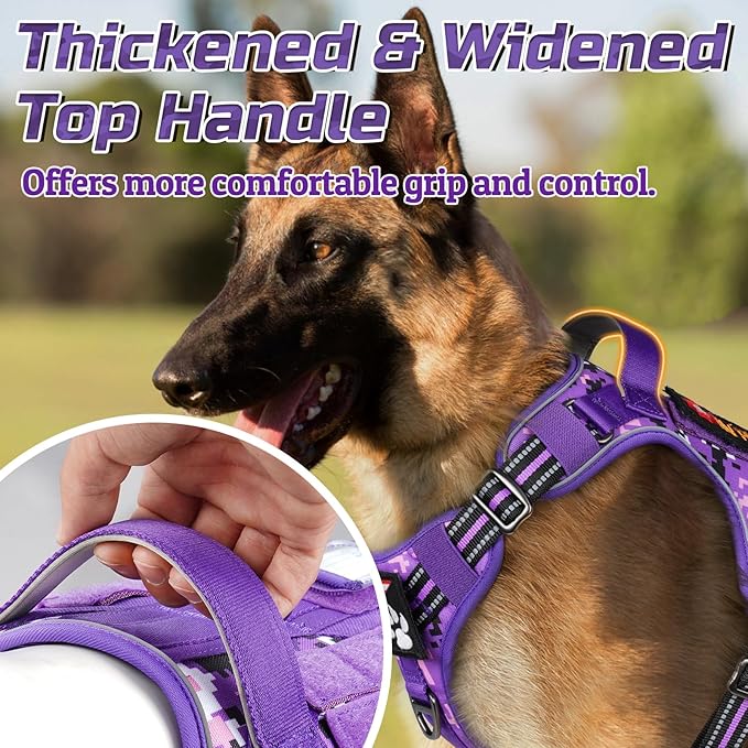 rabbitgoo Tactical Dog Harness for Large Dogs, No Pull Military Service Vest with Handle & Molle, Easy Control for Training Walking, Adjustable Reflective Straps, Purple Camo, L
