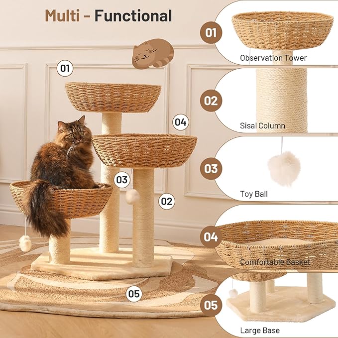 Modern Rattan Cat Tree House Condo Climbing Tower with Scratching Post for Indoor Large Adult Cat