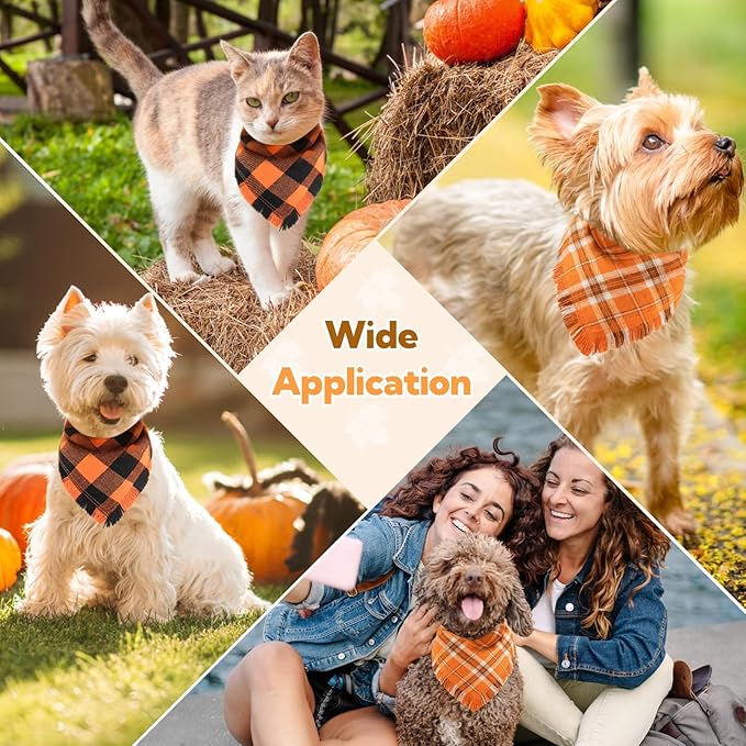 Kytely Thanksgiving Fall Dog Bandana 2Pack, Autumn Dog Bandanas, Orange Plaid Pet Scarf for Boy and Girl, Holiday Halloween Reversible Triangle Bibs Accessories for Dogs Pets(Small)