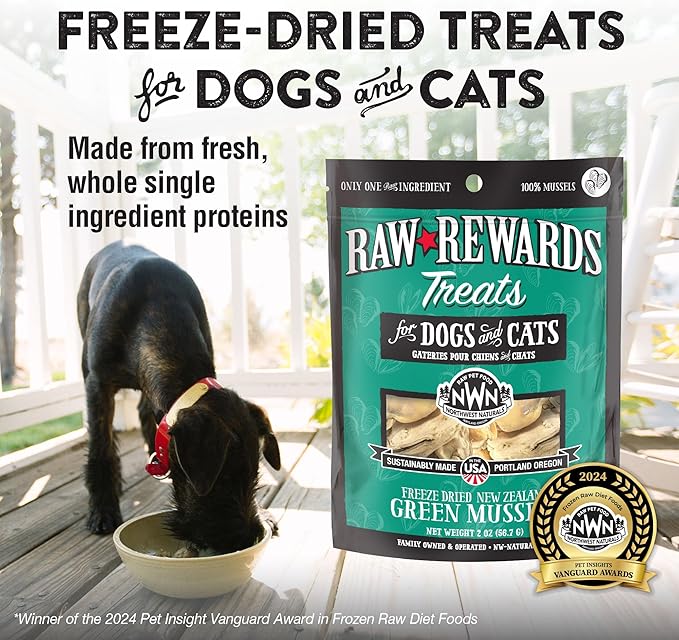 Northwest Naturals Raw Rewards Freeze-Dried Green Lipped Mussel Treats for Dogs and Cats - Bite-Sized Pieces - Healthy, 1 Ingredient, Human Grade, Natural, Proudly Made in USA, 2 Oz (Pack of 3)