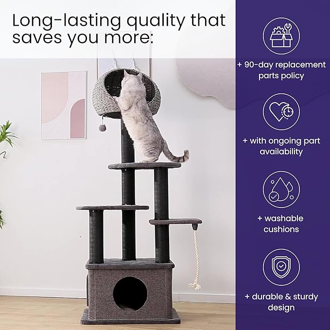 Catry 62" High 6 Level Mordern Cat Tree with Large Base Condo, Top Hoodie Bed, Quilted Velvet Pad Steps, Replaceable Scratching Posts,for Multi- Cats Homes(Dark Gray)