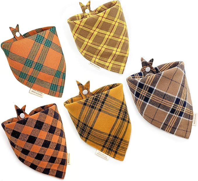 5PCS Dog Bandanas with Button - Thick Triangle Bibs Dual Layer Soft Cotton Scarves for Small Medium Boy Girl Puppy Cat Pet Baby Square Plaid Printing Washable Kerchief Halloween Costumes Outfits