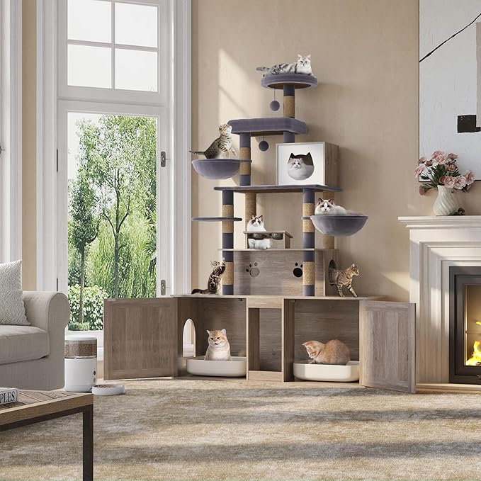 Cat Tree with 2 Litter Box Enclosures, All-in-One Cat Tower, Cat Condo with Sisal Scratching Posts, Hammocks, Detachable Plush Ball, Wooden Cat Furniture with Large Platforms, Grey