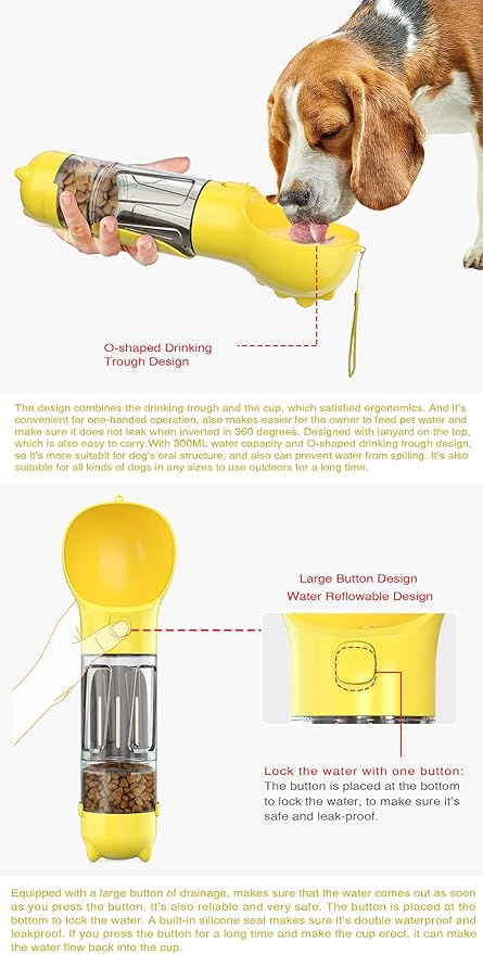 Portable 3 in 1 Dog Bottle,Storage for Pet Water,Food and Poop Waste Bags.Leakproof,with Lanyard and Trash Shovel,Dog Travel and Pet Outdoor Activity Necessities,Yellow(10.15OZ)