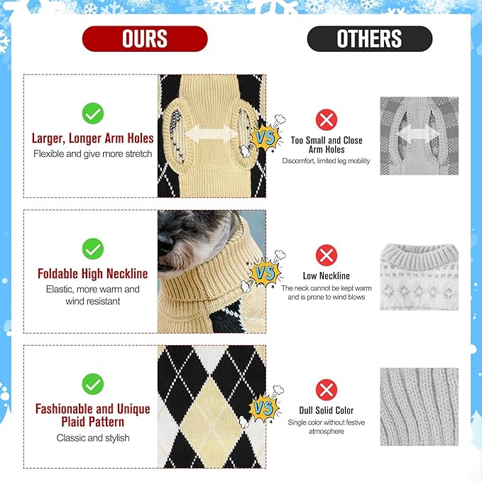 KOOLTAIL Small Dog Sweater - Knit Turtleneck Cold Weather Pullover for Medium Large Dogs, Soft Diamond Plaid Knitwear Winter Warm Clothes, Pet Coat Puppy Sweater for Girls Boys S