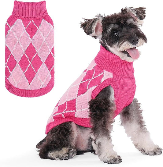 KOOLTAIL Small Dog Sweater, Knit Turtleneck Cold Weather Dog Sweaters for Medium Large Dogs, Soft Diamond Plaid Pullover Knitwear Pet Winter Warm Clothes,Pet Coat Puppy Sweater for Girls Boys,Pink S