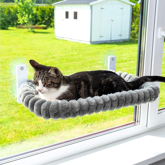 Cat Window Perch — Premium Cat Window Hammock with 4 Large Suction Cups & Soft Bubble Cushion; Strong Rustproof Metal Frame Window Bed Holding 40lbs; Easy Assembly Perch for Indoor Cats; Gray