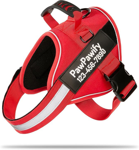 PawPawify Custom No Pull Dog Harness with Name and Phone Number, Heavy Duty Personalized Pet Vest to Prevent Tugging, Pulling, or Choking, Training and Walking (New Red, XS (5-9LBS))