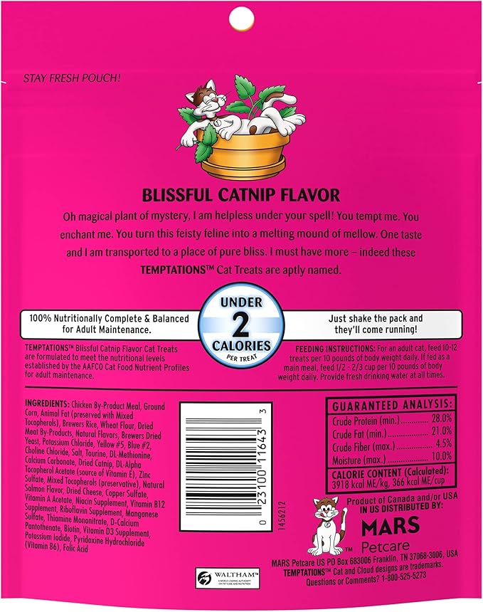 Temptations Classic Crunchy and Soft Cat Treats Blissful Catnip Flavor, 6.3 oz. Pouch (Pack of 10)