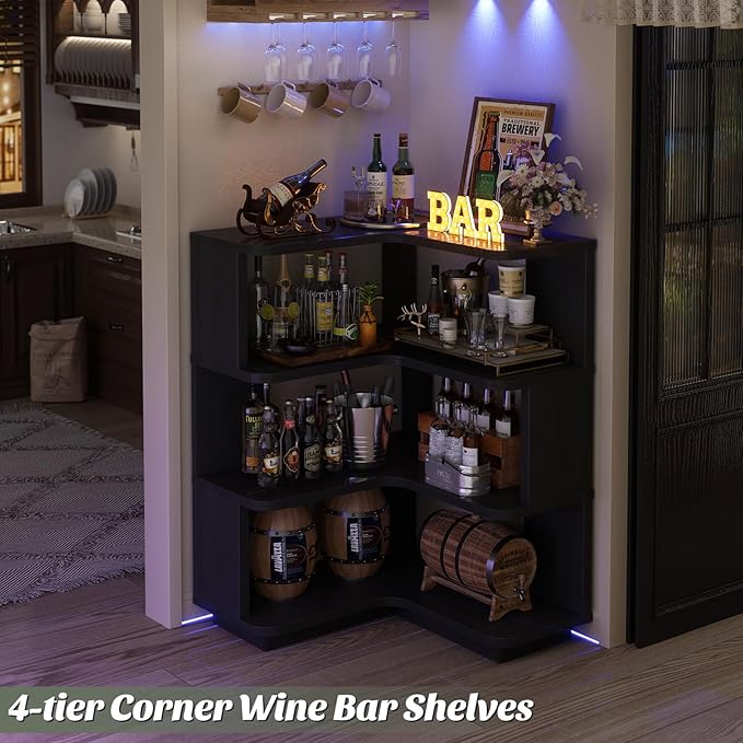 Armocity Corner Book Shelf - 4 Tier Corner Bookshelf Etagere Bookcase with Baffle, Freestanding L Shaped Display Shelf Stand for Home Office, Living Room, Bedroom, Kitchen, Black