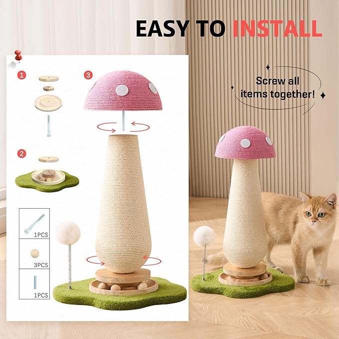 Mushroom Cat Scratching Post Cat Tree, 21.5‘’ H Cute Cat Scratcher Tower with Durable Solid Wood Turntable Toy, Baby Pink Mushroom Scratch Post Cat Sisal Scratcher with Catnip for Indoor Adult Cats